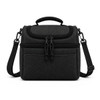 A black cooler bag with a top handle, adjustable shoulder strap, and two zipped compartments.