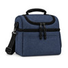 A navy blue cooler bag with a zippered closure, carrying handle, and adjustable shoulder strap.