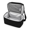A black cooler bag with a silver interior, featuring a mesh pocket in the lid and a shoulder strap.