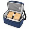 A blue cooler bag with a zippered opening, containing two lunch boxes and a mesh pocket inside.