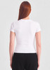 A white women's baby tee displayed from the back, featuring a fitted design and short sleeves.