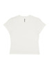 A white women's baby tee with short sleeves and a fitted style. The shirt features a logo on the label.