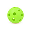 A bright green pickleball with multiple holes for gameplay.