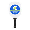 A white pickleball paddle with a circular logo featuring a yellow ball and blue accents. It has a black grip.