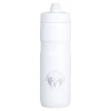 A drink bottle in white with a secure screw cap and a logo printed on the front. Holds 750ml of liquid.