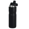 A drink bottle in black with a screw cap, featuring a sleek design and stainless steel interior.