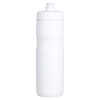 A drink bottle in white, featuring a flip-top lid and an ergonomic design, with a branding logo on the side.