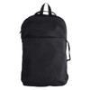 A black backpack with a zippered front pocket and two side straps. It features a top handle and a minimalist design.