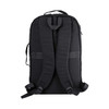 A black backpack featuring padded shoulder straps and a simple design. It includes a logo on the surface.