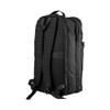 A black backpack featuring padded straps and exterior pockets, with a brand logo present.