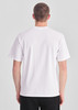A plain white men's box tee viewed from the back, with short sleeves and a relaxed fit. It features a logo on the back.