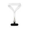 A white wrist strap featuring tactile bumps and a black keytag attachment with a metal clasp.