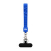 A blue wrist strap keytag with a textured surface and a metal clip attachment. It has a logo on the strap.