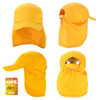 A yellow Legionnaire cap with an extended neck flap and a logo, displayed from various angles.