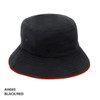A black bucket hat with a red brim and an eyelet, featuring a logo.