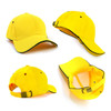 A yellow cap with surrounding black piping, featuring an adjustable strap and multiple angles displayed.