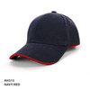 A navy and red cap with a curved brim and a small logo on the side.