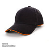 A black cap with orange piping, featuring an adjustable strap and a logo on the side.