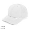 A white cap with a curved brim and perforated detailing, featuring a logo on the front.