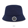 A navy bucket hat made from cotton and spandex, featuring a circular logo on the front.