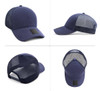 A navy nylon and mesh cap featuring a logo, with panels for breathability and an adjustable strap.
