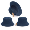 A navy blue bucket hat with a wide brim and a logo tag attached. Multiple angles displayed.