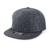 A grey cap with a structured design and a flat brim, featuring a textured fabric and a branding logo.