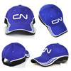 A blue cap featuring a black brim and a logo on the front, with white accent stripes on the sides.