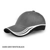 A dark grey cap with white and black accents, featuring a curved brim and a logo.
