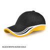 A black and white cap with an Aussie gold accent and a curved visor. Features a logo on the front.