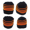 Acrylic beanie in black with orange stripes, featuring a logo on one side. Four views of the beanie are displayed.
