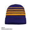 Acrylic beanie in royal blue and gold with horizontal stripes and a folded cuff. Includes a logo.