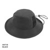 A black microfibre bucket hat featuring a mesh panel and adjustable drawstring. Includes a logo.