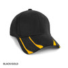 A black cap with gold accents and a logo. The design features sleek lines on the front.