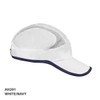 A white and navy Runner Cap featuring mesh panels and a curved brim, designed for headwear comfort.