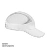 A white runner cap with a mesh panel and a curved visor, featuring a logo on the side.