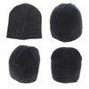A black ribbed beanie featuring a logo, displayed from multiple angles. Made from 100% cotton.