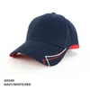 A navy, white, and red six-panel cap with a curved brim and a logo on the front.