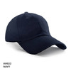 A navy unstructured cap with a curved brim and a logo. The material appears smooth and durable.