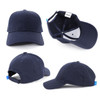 A navy blue cap featuring a structured design and an adjustable strap, with an internal logo.