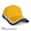 A yellow and white cap with a green peak and trim, featuring a logo on the front.