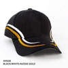 A black cap featuring white and Aussie gold accents, designed with a logo on the front.