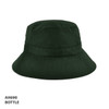 A green bucket hat featuring a wide brim and an eyelet for ventilation, with a branding logo present.