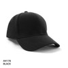 A black fitted cap with a textured mesh design and a curved brim, featuring a logo.