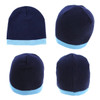 Acrylic two-tone beanie featuring a navy blue body with a light blue cuff. Displays multiple angles of the product.