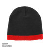 Acrylic two-tone beanie in black with a red brim, featuring a logo.