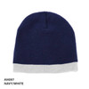 Acrylic two-tone beanie in navy and white, featuring a logo.