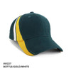 A cap featuring a bottle green main body with gold and white mesh contrast sides. Includes a logo.