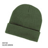 Olive green acrylic beanie with a fold-over cuff and textured fabric. Includes a logo.