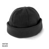 A black polar fleece beanie with a fold-over cuff and a smooth finish, featuring a logo.